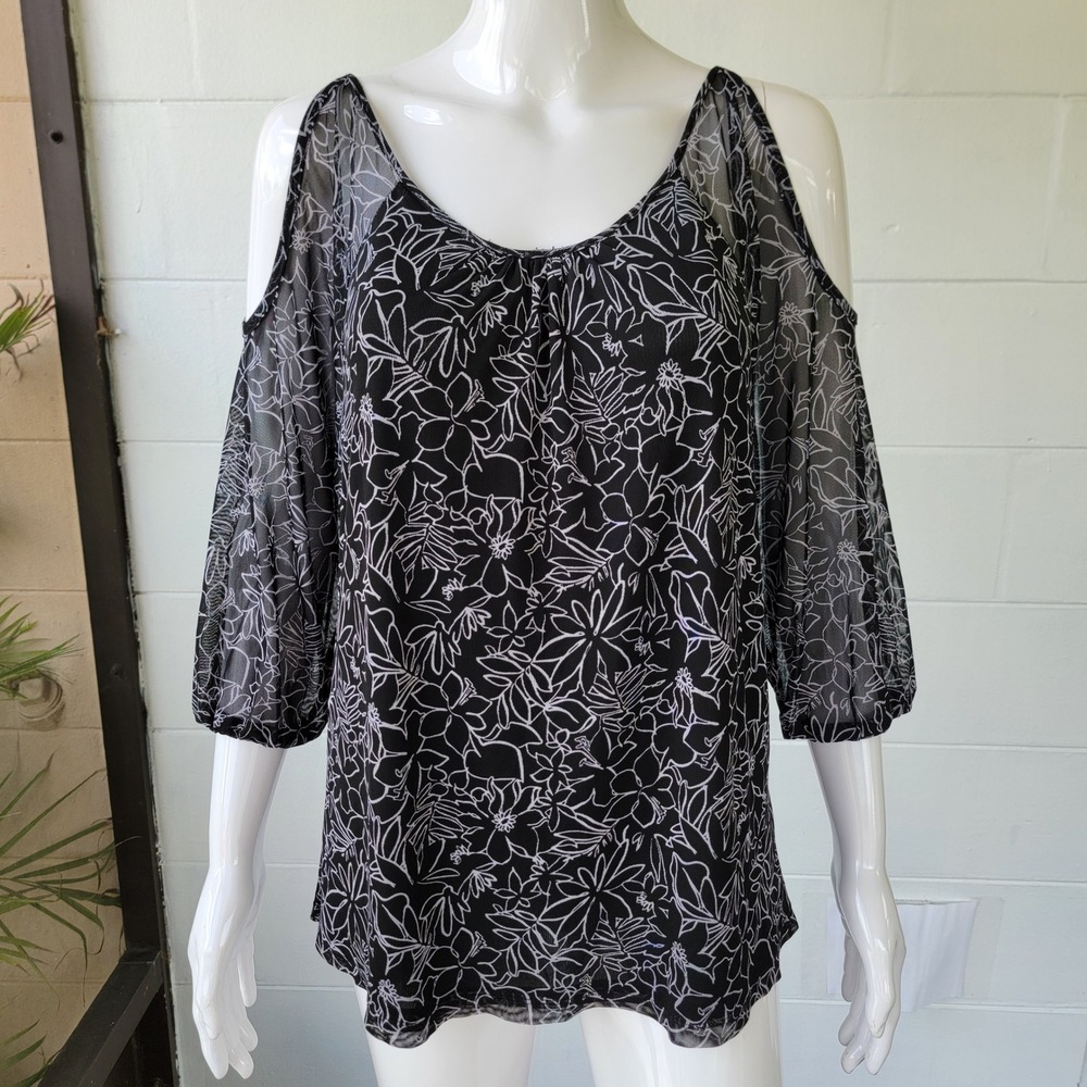 Robert Louis Cold Shoulder Black Blouse Women L Floral Boho Chic Romantic Summer